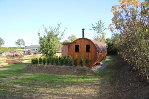 a wooden cabin in the middle of a yard at Hofgut Wollin GmbH in Putgarten