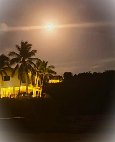 a house with palm trees and the moon in the sky at Posada Ziga Playa in Mazunte