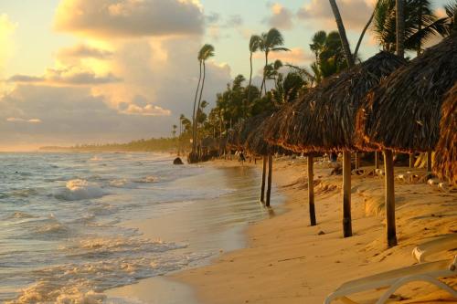 a beach with thatched umbrellas and palm trees at New & Chic 3-Bedroom Penthouse, Punta Cana, Pool-BBQ-Beach Access-Private Rooftop-Padel y Sports amenities in Punta Cana