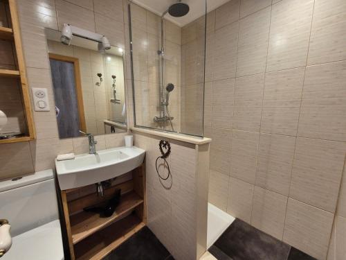 a bathroom with a sink and a shower at Appartement rénové proche des pistes avec balcon - FR-1-502-389 in Tignes