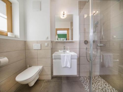 a bathroom with a toilet and a sink and a shower at Chalet Stay near Krimml Waterfalls in Neukirchen am Großvenediger