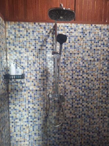 a shower in a bathroom with a tiled wall at Raja Ampat Koba-koba Guest House in Waisai