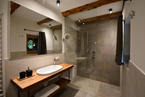 a bathroom with a sink and a shower at Apartments Mitterhof 1544 in Brunico