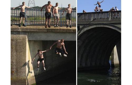 two pictures of a man jumping off a bridge at Shirley Apartments, Cozy Studio, Self Check in, 10 min Drive to City Centre, Walking to Redbridge Train Station in Southampton