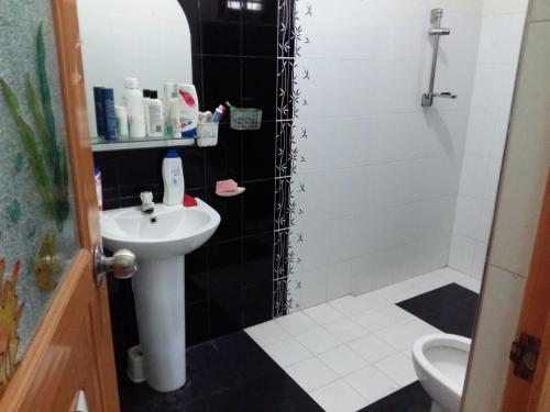 a bathroom with a white sink and a shower at Naturus Villa Thalpitiya in Panadura