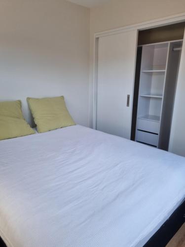 a bedroom with a white bed and a closet at Brown Palace in Auckland
