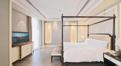 a bedroom with a bed and a television in it at Yin Run Jin Jiang Castle Hotel in Huzhou