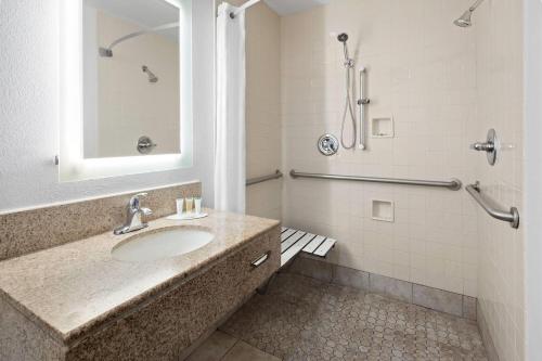 a bathroom with a sink and a shower at Howard Johnson by Wyndham Romulus Detroit Metro Airport in Romulus