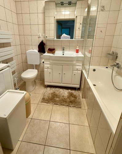 a bathroom with a sink and a toilet and a mirror at Kraków Nest in Kraków