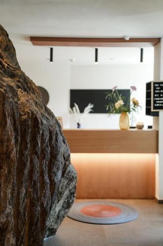 a lobby with a large rock in the foreground at Paloria Apartments & Sport in Lagundo