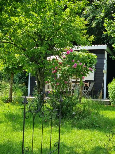 a gate in a yard with a tree and a house at Countryhouse Lake Attersee - Traumhaft schöne Lage - Bezauberndes Hideaway in Unterach am Attersee