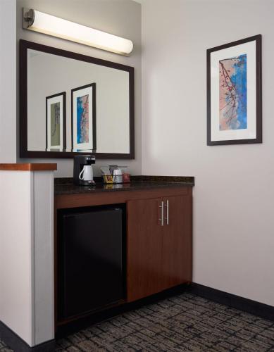 a room with a tv and a mirror on a wall at Hyatt Place Salt Lake City Downtown / The Gateway in Salt Lake City