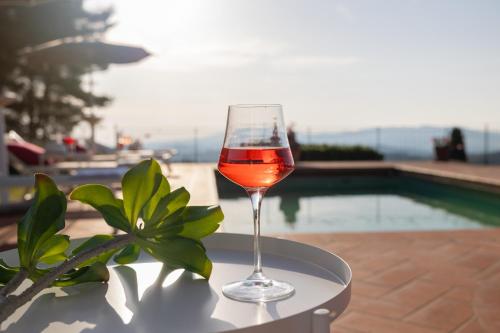 a glass of wine sitting on a table near a pool at Podere del Botruccio in Pomarance