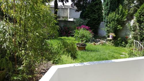 a garden with a yard with grass and plants at Design Apartment nähe Düsseldorf in Krefeld