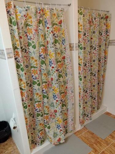 a shower curtain with flowers on it in a bathroom at Casa de Pueblo in Martos