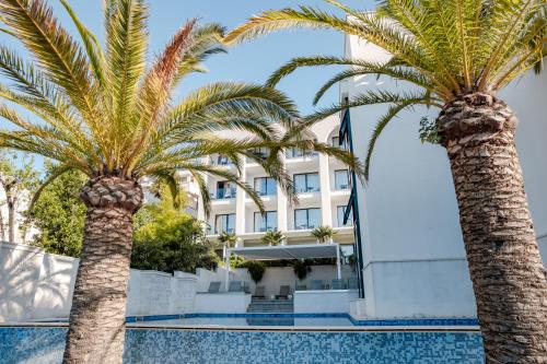 two palm trees in front of a hotel at Hotel Perla in Herceg-Novi