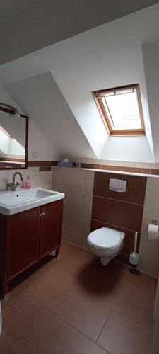 a bathroom with a toilet and a sink and a skylight at Juliusruh Strandparadies 12 in Juliusruh