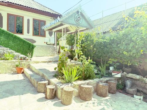a garden with tree stumps in front of a house at Casa Veche 