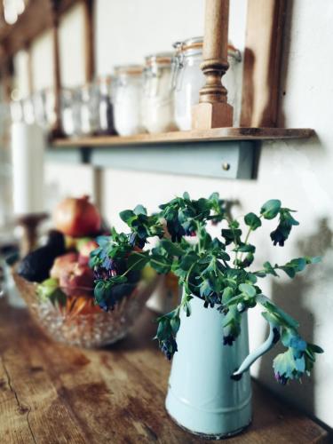 a blue vase with a plant on a wooden table at Pure Gardères in Monlezun