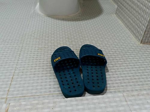a pair of blue slippers on the floor of a bathroom at Peace Home Homestay in Nagarkot