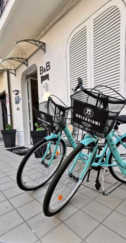 a blue bike with baskets parked in front of a building at Il Vico del Greco B&B in Le Castella