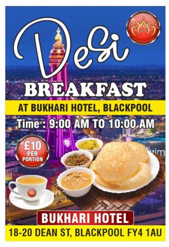 ein Flyer für ein Frühstück im Bulandan Hotel mit Pfannkuchen in der Unterkunft BUKHARI Hotel in Blackpool