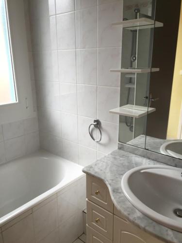 une salle de bain avec une baignoire et un lavabo et une baignoire dans l'établissement Les Gîtes du Paradis, à Murol