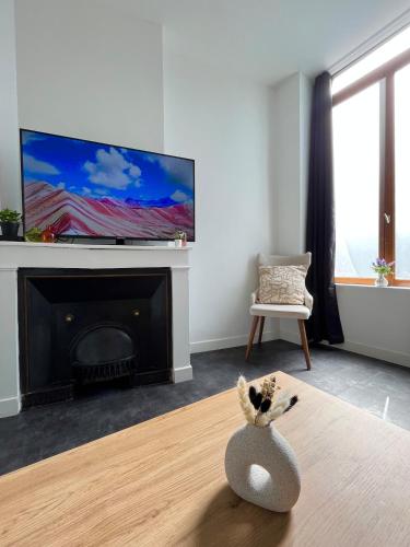 a living room with a fireplace with a flat screen tv at Superbe T3 à 15 min de Lyon in Pierre-Bénite