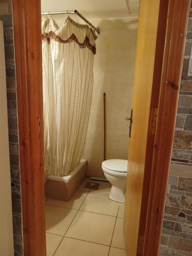 a bathroom with a toilet and a shower curtain at Palmera El Sokhna Chalets Families Only in Ain Sokhna