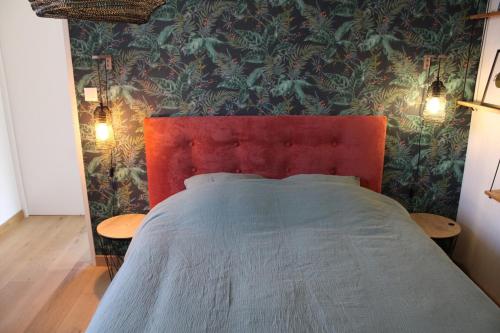 a bedroom with a bed with a red head board at Au Petit Nid - Appartement douillet avec jardin privé in Albertville