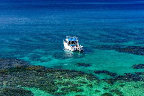 a white boat in the water next to a reef at The Remote Resort in Nawi