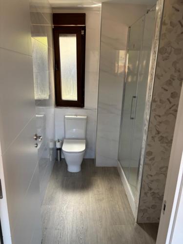 Un baño con inodoro y ducha a ras de suelo. en Casa Cortina, en Ujo