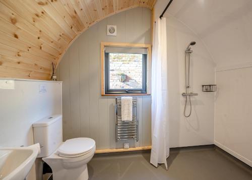 a bathroom with a white toilet and a window at Hill Farm Retreat in Wangford