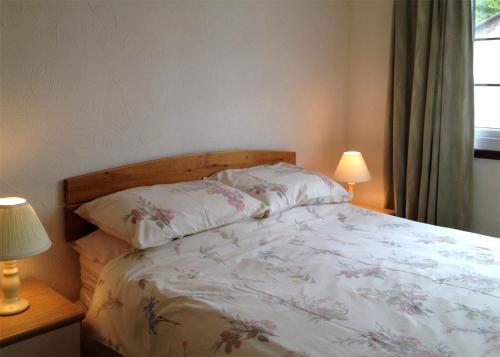 a bedroom with a bed with two pillows and two lamps at Bure-Way And Rosemere in Wroxham