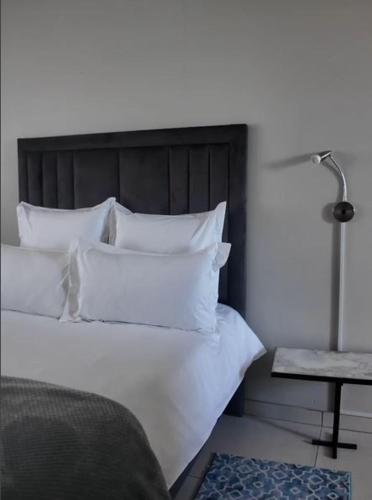 ein Schlafzimmer mit einem Bett mit weißen Kissen und einer Lampe in der Unterkunft Eagle Okahandja Self-Catering Accommodation in Okahandja