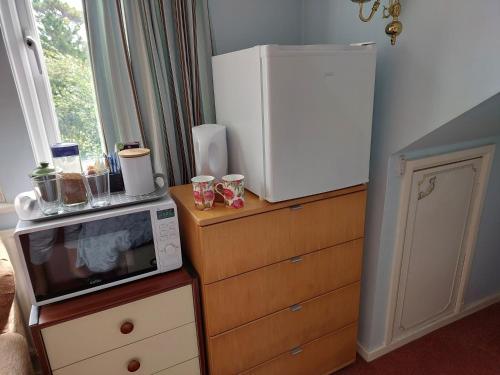 a microwave on top of a dresser with a refrigerator at Double room with ensuite shower room in quiet, private house in Worthing