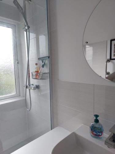 a bathroom with a shower and a sink and a mirror at Double room with ensuite shower room in quiet, private house in Worthing