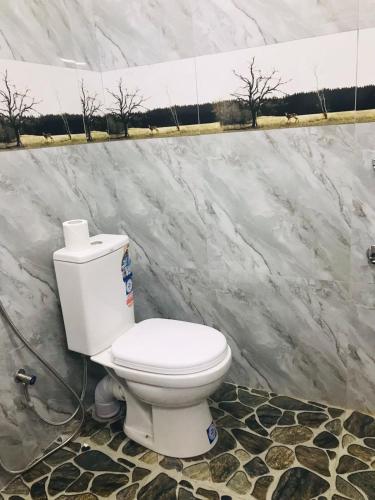 a toilet in a bathroom with a marble wall at TESHI SAFARI VILLA in Udawalawe