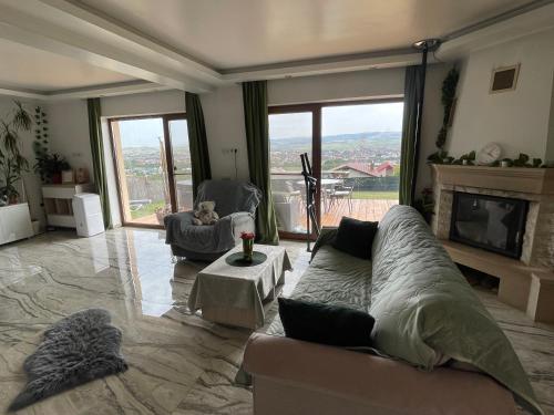 a living room with a couch and a fireplace at Garsonierǎ la curte cu ciubǎr in Cluj-Napoca