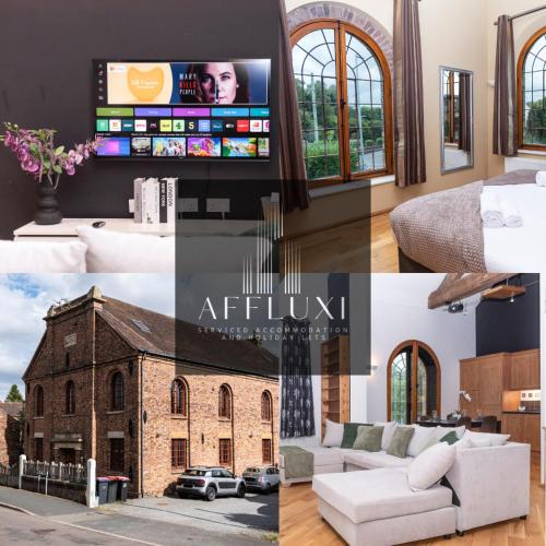 un collage de fotos de una sala de estar con TV en The Chapel - Telford, en Telford