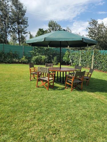 a picnic table and chairs under an umbrella at Mysore House - Nanyuki in Nanyuki
