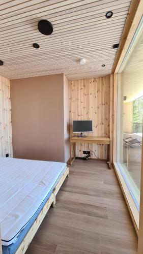 a bedroom with a bed and a tv and a desk at Villa Aureola in Pyhäjoki