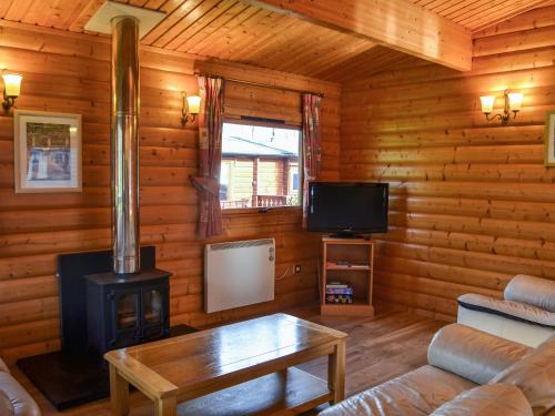 a living room with a fireplace and a tv in a log cabin at Cosy Lodge - Uk37418 in Legbourne