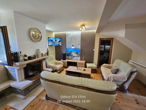 a living room with a couch and a fireplace at Vila ALDIMARA in Žabljak