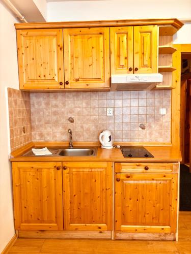 a kitchen with wooden cabinets and a sink at Penzión Teniscentrum in Tatranská Lomnica