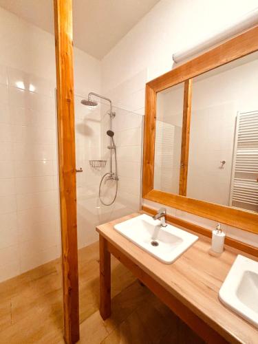 a bathroom with a sink and a mirror and a shower at Penzión Teniscentrum in Tatranská Lomnica