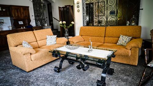 a living room with two couches and a coffee table at Casa Sala in Castionetto di Chiuro