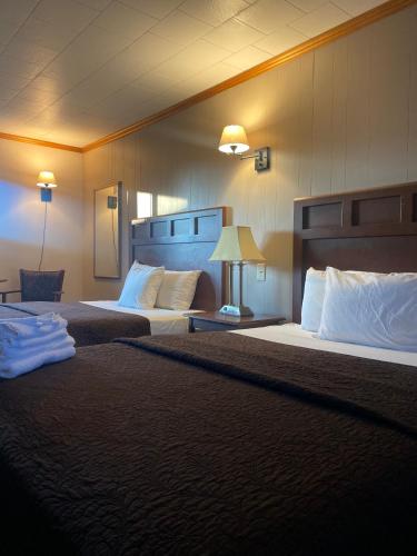 a hotel room with two beds and a lamp at Barberry Court Motel &Cabins in Lake George