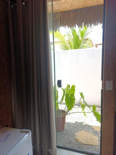 a room with a window with a plant in a pot at Nomads Village, Macapa in Luis Correia