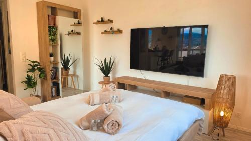 a living room with a flat screen tv on the wall at Oasis Apartment with Free parking in Lugano